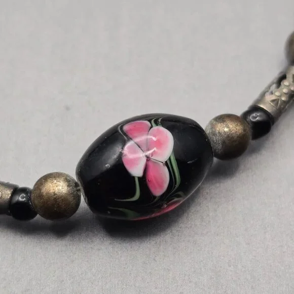 VTG Hand-Blown Lampwork Glass Bead Necklace 16" Floral Motifs Mixed Media - Picture 5 of 12